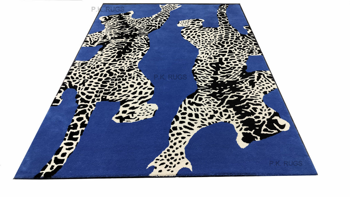 Navy Blue Double Climbing Leopard Hand Tufted Rug, Cut Pile Rug, Area Rug, Handmade Rugs, Kids Rug, Customize Rug, Soft Rugs.