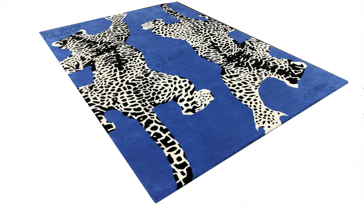 Navy Blue Double Climbing Leopard Hand Tufted Rug, Cut Pile Rug, Area Rug, Handmade Rugs, Kids Rug, Customize Rug, Soft Rugs.