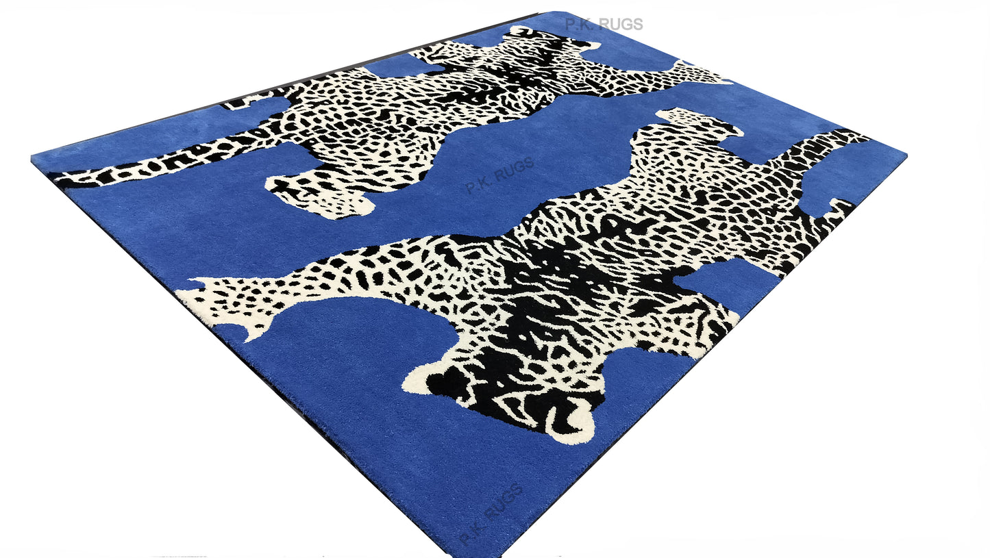 Navy Blue Double Climbing Leopard Hand Tufted Rug, Cut Pile Rug, Area Rug, Handmade Rugs, Kids Rug, Customize Rug, Soft Rugs.