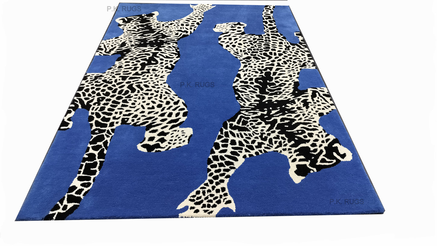 Navy Blue Double Climbing Leopard Hand Tufted Rug, Cut Pile Rug, Area Rug, Handmade Rugs, Kids Rug, Customize Rug, Soft Rugs.